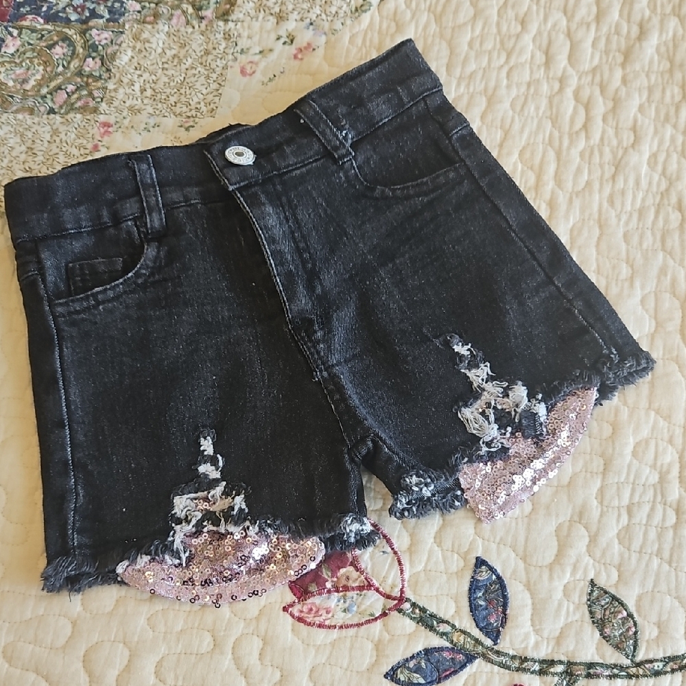 Girls Black Denim Shorts with Pink Sequin Accents